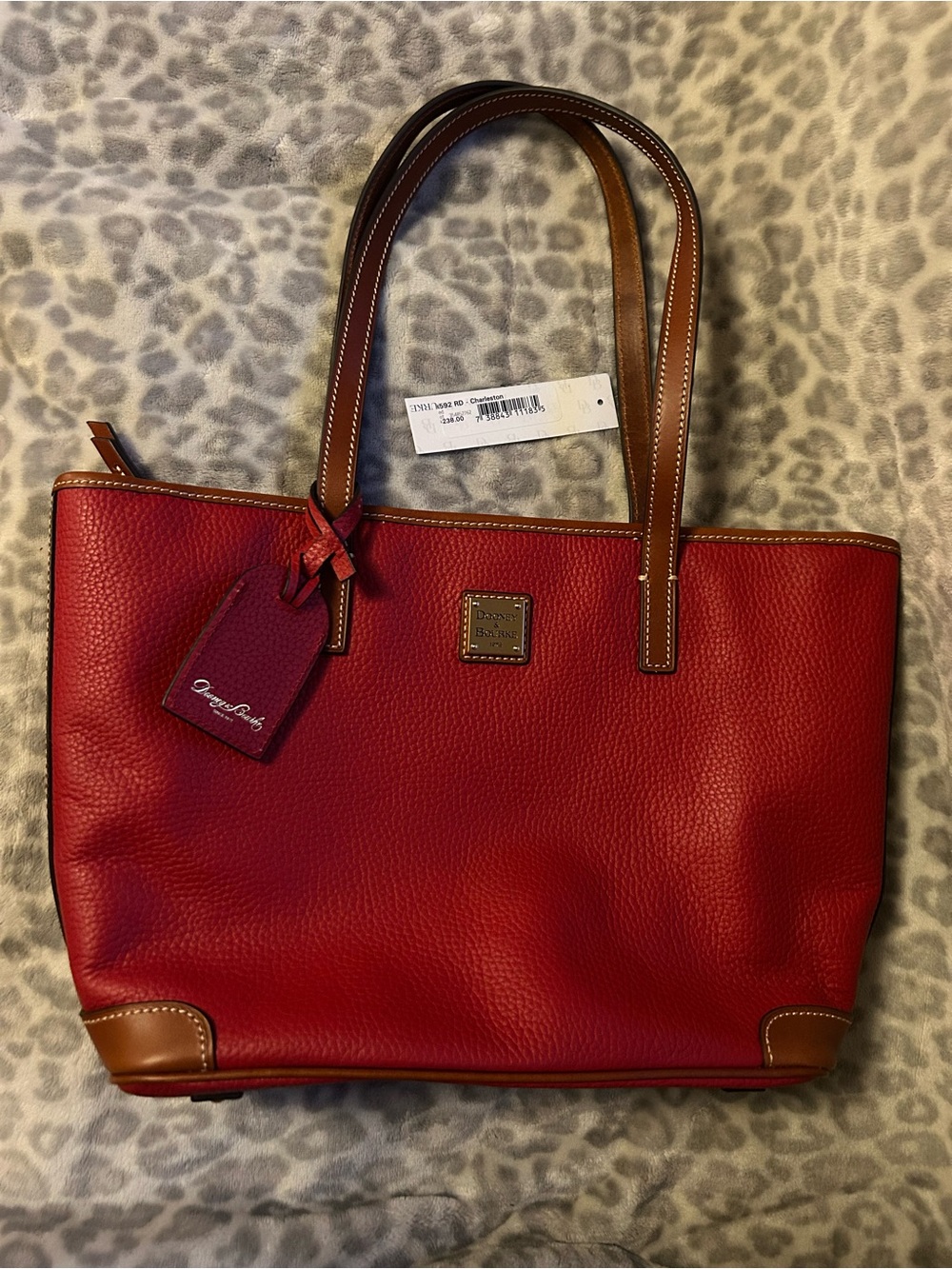 Dooney & Bourke Red Leather Tote with Brown Trim